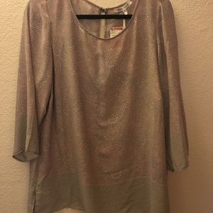 Soft pink blouse w/gray and white pattern.